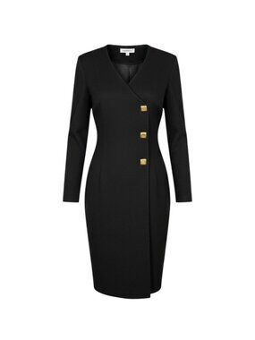 Black Long Sleeve Wrap Dress Gold Button Accents Taurus II Womens Size 10
